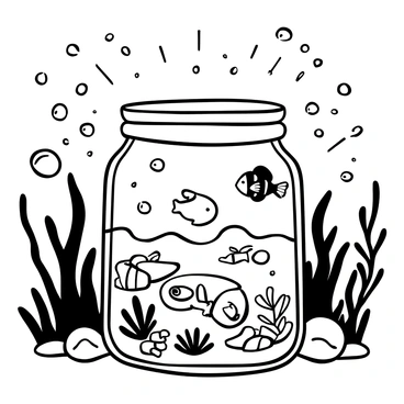 A large pickle jar submerged underwater, surrounded by bubbles rising to the surface. The jar is filled with pickles, clearly visible through the glass. Various fish are swimming around the jar, including a small clownfish and a school of tiny silver fish. Aquatic plants sway gently in the water, adding to the underwater atmosphere. Light beams filter down from above, illuminating the scene in a captivating way.