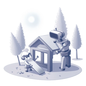 A small robot with a shiny metallic surface is assisting a child in constructing a treehouse. The child, with messy hair and wearing a cap, is holding a wooden plank, while the robot is using its mechanical arm to secure the plank in place. In the background, there are several tall trees providing shade, and a grassy lawn surrounds the area. Tools such as a hammer and nails are scattered nearby, and the sun is shining brightly in the sky, creating distinct shadows on the ground.