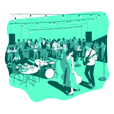 A teal music hall filled with people enjoying a lively atmosphere. In the center, a band is energetically playing on a small white stage, with musicians holding instruments like guitars, drums, and a saxophone. Couples are dancing in front of the stage, some are twirling while others sway closely together. The hall is adorned with white string lights hanging from the ceiling, illuminating the joyful faces of the audience. There are tables with drinks and snacks scattered around, adding to the vibrant social setting.