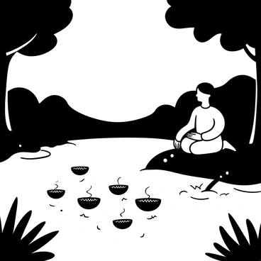 The figure of Maveli is depicted kneeling at the edge of a tranquil river, carefully setting floating lamps adrift on the water's surface. The river is gently rippling, reflecting the soft light from the lamps. Surrounding Maveli, there are lush trees and foliage framing the scene. Dusk has settled in, casting long shadows and creating a serene atmosphere. The lamps are intricately designed, casting delicate patterns on the water as they drift away.