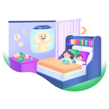 A cozy bedroom with soft, warm lighting and a comfortable bed. An AI hologram is projected above the bedside table, depicting a friendly, glowing figure with a gentle smile. The hologram appears to be animated, engaging the children with expressive gestures. Surrounding the bed are plush toys and colorful cushions, creating a welcoming atmosphere. The walls are painted in soft pastel colors, featuring whimsical designs like stars and moons. A bookshelf filled with storybooks is positioned in the corner, enhancing the bedtime storytelling theme.