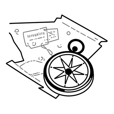 A compass pointing true north with the word 'Integrity' engraved on it