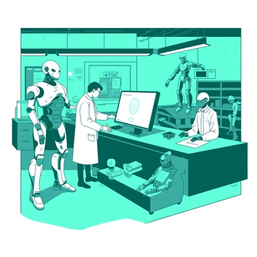 A teal futuristic robotics lab filled with advanced technology and equipment. Several engineers, dressed in white lab coats, are focused on various tasks around the room. One engineer is standing beside a humanoid robot, examining its intricate circuitry, while another engineer is seated at a workstation, programming a robot's AI on a large white screen. The lab is illuminated by bright overhead lights, and various tools and robotic components are scattered across the counters. There are additional humanoid robots in different stages of assembly, some partially completed and others fully operational, showcasing the sophisticated design and capabilities of the technology being developed.