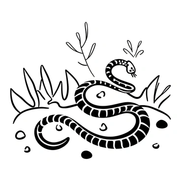 A snake skeleton coiled into a spiral shape, showcasing each vertebra and rib in intricate detail. The bones are arranged tightly, emphasizing the natural curvature and flexibility of the snake's form. Surrounding the skeleton are small, scattered pebbles that add texture to the ground beneath it. The background features faint outlines of foliage to suggest a natural environment, enhancing the overall context of the scene.