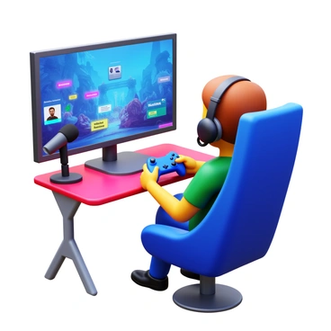 A gamer sitting in a modern gaming chair, focused on a console with a controller in hand. The setup includes a large screen displaying an intense gameplay scene. A microphone is positioned in front of the gamer, capturing their voice as they interact with viewers. Colorful LED lights illuminate the gaming area, creating an energetic atmosphere. The chat window on the screen shows various comments from viewers, enhancing the interaction. The influencer is wearing a headset, showing their concentration and excitement during the live stream.