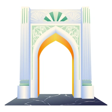 An entrance to an art deco building features a grand archway with a sharp, geometric shape. The archway is adorned with intricate designs including stylized sunburst patterns and linear motifs that showcase the elegance of the style. Flanking the archway are two tall pillars that rise majestically, decorated with ornate carvings. At the base of the entrance, there is a polished black marble floor that reflects the light. Above the archway, a decorative frieze adds to the grandeur, displaying more detailed art deco patterns in a muted color palette.
