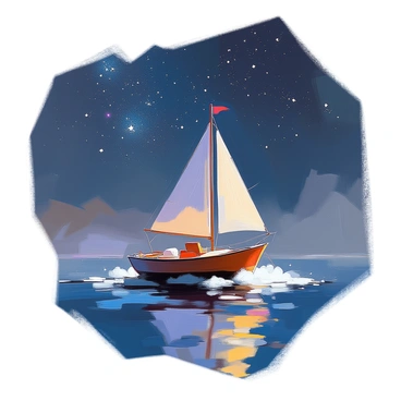 A small boat gently sailing through a dark night sky. The boat is wooden with a single white sail that billows slightly as it glides along. Above, a vast expanse of deep blue sky is filled with countless twinkling stars, each shining brightly against the darkness. The boat leaves a subtle trail of small clouds as it moves, creating a sense of calm in this surreal nighttime setting.