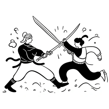 Two characters are in the midst of a battle, each holding a sword that is mid-swing, creating a dynamic clash of metal. One character is dressed in traditional samurai armor, with intricate detailing and flowing fabric. The other character wears a high-tech suit that gleams with sharp angles and modern designs. Their stances are aggressive, showcasing determination and strength. Behind them, energy bursts and action lines emphasize the intensity of the moment, while debris from the battlefield scatters around them, adding to the chaos of the scene.