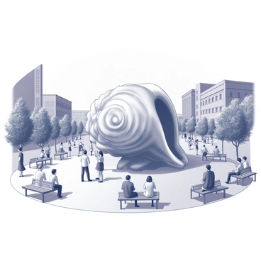 A large conch shell sculpture is prominently displayed in the center of a bustling city plaza. The sculpture features intricate details that capture the texture and spirals of the shell. Surrounding the sculpture, there are numerous people engaged in various activities, such as walking, chatting, and taking photos. The plaza is lined with modern buildings and trees, creating a vibrant urban atmosphere. Benches and small tables are scattered around, with some individuals seated and enjoying their surroundings. The entire scene conveys a lively interaction between the art piece and the city's inhabitants.