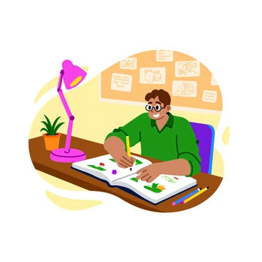 A student sitting at a wooden desk, intently writing a creative story in a large open notebook. The notebook features colorful illustrations of whimsical characters and landscapes scattered across its pages. The student has short brown hair and wears round glasses, with a pencil held firmly in one hand. A vibrant desk lamp illuminates the scene, casting a warm glow over the papers. Beside the notebook lies a set of colored pencils, and a small potted plant adds a touch of greenery to the desk. In the background, a bulletin board is filled with sketches and motivational quotes.