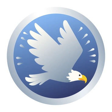 A 3D car emblem features a stylized eagle in flight with outstretched wings. The eagle is depicted in a dynamic pose, showcasing its detailed feathers and sharp beak. The emblem has a metallic silver finish, reflecting light across its surface. The background of the emblem is circular, with a deep blue gradient that enhances the eagle's prominence. Surrounding the emblem are subtle accents that evoke a sense of motion, reinforcing the theme of freedom.