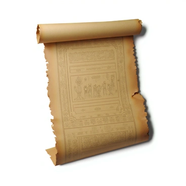 An aged scroll made of parchment, displaying a rich golden-brown hue. The scroll is slightly unrolled, revealing intricate designs and illustrations that depict early concepts of social contract theory. The designs feature symbolic figures engaged in discussions and agreements, surrounded by ornate borders filled with detailed patterns. The edges of the scroll are frayed, showing signs of wear, and there are faint stains that suggest its historical importance. The light casts subtle shadows across the surface, emphasizing the textural details of the parchment and the artistry of the illustrations.