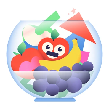 A large, round bowl made of clear glass is filled with an assortment of fruit. The bowl contains several brightly colored apples, a yellow banana, and a bunch of grapes with deep purple hues. Each piece of fruit has exaggerated features, such as oversized eyes and smiles, giving them a cartoonish appearance. The background is filled with bold geometric shapes in vivid colors like red, blue, and green, creating a dynamic and energetic atmosphere. The entire scene is lively and playful, focusing on the fruit's unique expressions and vibrant colors.