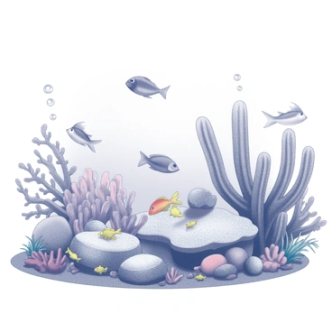 A detailed underwater scene featuring various marine life among coral reefs. The image includes colorful fish swimming through the water, surrounded by a variety of coral structures. Some corals are branching, while others are massive and bulbous. Seaweed gently sways in the currents, adding to the complexity of the environment. A small school of fish is darting near the corals, while a larger fish is seen gliding in the background. Bubbles rise from the depths, adding movement to the serene underwater composition.