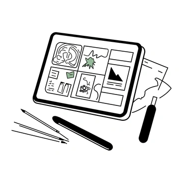 A tablet is placed on a flat surface, displaying a digital portfolio filled with various illustrated works. The screen shows a collection of images, including a colorful character design, a detailed landscape scene, and an abstract pattern. The tablet is sleek and modern, with a thin bezel and a shiny black surface. Beside the tablet, there is a stylus lying on the table, and a few art supplies are scattered in the foreground, including pencils and a sketchbook. The setting is well-lit, highlighting the intricate details of the illustrations on the tablet screen.