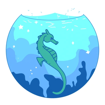 A teal seahorse is gracefully floating beneath a clear ocean surface. The seahorse has intricate details on its body, with delicate fins gently fanning out. Surrounding the seahorse, the water is a vibrant blue, capturing the essence of the ocean environment. Above the seahorse, the surface of the water reflects light, creating a shimmering effect. Twinkling stars are scattered across the scene, visible through the clear water, adding a magical element to the underwater composition.