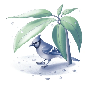 A blue jay is perched underneath broad green leaves, seeking shelter from a rain shower. The bird's distinctive features, including its crest and patterned feathers, are clearly visible. Raindrops are falling from the sky, creating small splashes around the area. The leaves are large and provide a canopy over the bird, while the background is filled with a blurred representation of the rain-soaked environment.