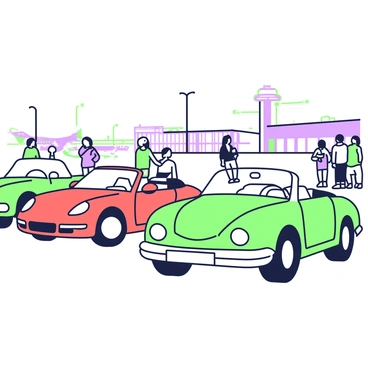 A small car show being held in an airport parking lot showcasing various models