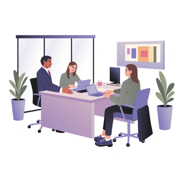 A recruitment consultant is sitting at a sleek, modern desk in a bright office space. The consultant has medium skin and short, dark hair, wearing a tailored navy suit and a white shirt. Across from them, a client with light skin and long brown hair, dressed in a casual gray sweater, is attentively listening. The office features large windows that let in natural light, and there are potted plants in the corners. A colorful abstract painting hangs on the wall behind the desk. Papers and a laptop are on the desk, and a coffee mug sits next to the laptop, conveying a professional yet welcoming atmosphere.