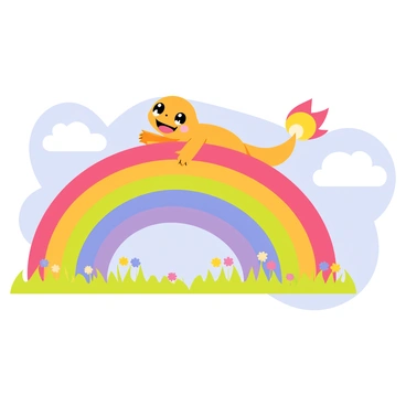 A Charmander with an orange body and a burning tail is joyfully sliding down a vibrant rainbow. The rainbow features bright red, orange, yellow, green, blue, and purple colors, curving gracefully across a clear blue sky. Fluffy white clouds are scattered around, enhancing the playful atmosphere. Below the rainbow, a field of green grass dotted with colorful flowers can be seen. The Charmander's eyes are wide with excitement as it glides down the arc of the rainbow.