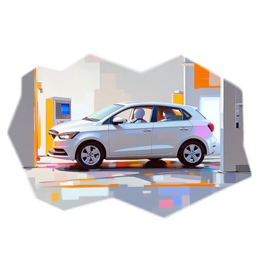 A car is positioned in the center of a crash test facility, ready for impact. The vehicle is shown from a side perspective, detailing its exterior and interior features. The airbags are in the process of deploying, with several airbags visibly inflated, including the front driver and passenger airbags, and side curtain airbags. There is a slight blur effect on the car to indicate motion, suggesting the moment of collision. Safety equipment and crash test dummies can be seen inside the car, positioned in the driver's seat and passenger seat, each secured with seat belts. The background includes safety barriers and testing equipment, emphasizing the controlled environment of the crash test.