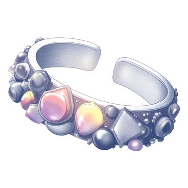 A bracelet with intricate designs and embellishments. The bracelet is adorned with various gemstones that capture light, creating reflections reminiscent of a sunset. The stones vary in shapes, sizes, and textures, showcasing a harmonious blend of natural beauty. The overall composition emphasizes the interplay of light and shadow, highlighting the details of the bracelet's craftsmanship.