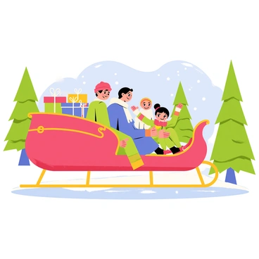 A family of four is enjoying a sleigh ride through a snowy landscape. The sleigh is a vibrant red color with ornate golden details, and it carries numerous wrapped gifts in bright, colorful paper tied with shiny ribbons in the back. The parents are smiling, bundled up in winter coats and scarves, while the children, a boy and a girl, are excitedly pointing at the snowflakes falling around them. The scene is filled with tall evergreen trees dusted with snow, and a clear blue sky above.