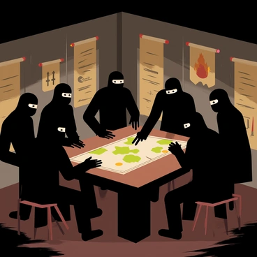 A dimly lit room with shadowy corners and flickering candles. Several ninjas dressed in black clothing are gathered around a wooden table. Their faces are obscured by masks, only their eyes visible, showing a sense of intensity and focus. One ninja is pointing towards a map spread across the table, while others lean in, listening intently. The walls are adorned with ancient scrolls and weapons, creating an atmosphere of mystery and secrecy. The only light comes from the candles casting dramatic shadows on the floor.