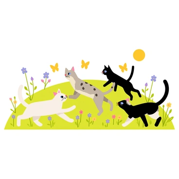 A group of cats of different breeds playing together in a sunny meadow. There is a fluffy Persian cat with long white fur, a sleek Siamese cat with striking blue eyes, an energetic Bengal cat with distinct spots, and a playful Maine Coon with tufted ears. The cats are chasing colorful butterflies fluttering around them. Bright green grass carpets the meadow, dotted with vibrant yellow and purple wildflowers. The sun shines down, casting soft shadows and creating a warm, inviting atmosphere.