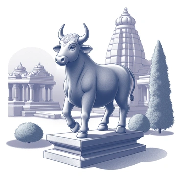 A stone statue of "Nandi," the sacred bull, intricately carved with detailed features and patterns. The statue is positioned on a pedestal, surrounded by lush greenery and well-maintained shrubs in the garden. The temple architecture in the background features traditional elements such as ornate arches and decorative motifs. Sunlight filters through the trees, casting gentle shadows on the statue and the ground.