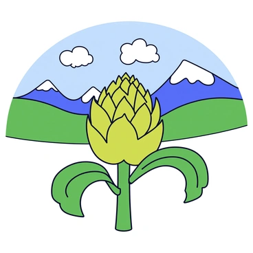 An artichoke plant with large, green, serrated leaves is positioned prominently in the foreground. The plant has several budding artichokes on its stem, showcasing their distinctive shape. In the background, there are rolling green hills that lead up to majestic mountains capped with snow. The sky is clear with a few fluffy white clouds scattered throughout, adding depth to the scene.