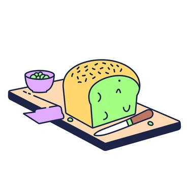 A freshly baked loaf of bread is placed on a wooden cutting board. The crust of the bread is golden brown and has a rustic appearance. There are mustard seeds sprinkled generously on top, adding texture to the surface. A few mustard seeds have rolled off the loaf onto the board. In the background, there is a small ceramic bowl containing more mustard seeds beside a knife with a wooden handle, ready for slicing the bread.