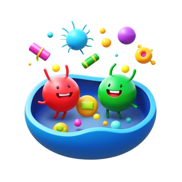 Lysosomes depicted as friendly, cartoon-like creatures with round bodies and smiling faces. They are interacting with various cell parts, such as colorful mitochondria, a nucleus with a cheerful expression, and ribosomes floating nearby. The lysosomes are playfully exchanging small, glowing particles with the other cellular components, creating a lively and vibrant scene. The setting is a detailed representation of a cell interior, filled with various organelles, all engaging in a harmonious activity.
