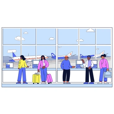An airport annex with a modern architectural design featuring large glass windows. Inside, several passengers are checking in at sleek, minimalist kiosks. A few travelers are standing in line with their luggage. Through the expansive windows, multiple airplanes of different sizes are visible parked on the tarmac. The sky outside is clear, allowing for plenty of natural light to illuminate the interior space.