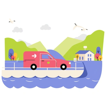 A bright red delivery car is positioned on the deck of a large ferry. The ferry is floating on a sparkling blue river, with gentle waves lapping against its sides. In the background, green hills rise on either side of the river, dotted with colorful trees and small houses. The sky is clear with a few fluffy clouds, and seagulls are flying above the ferry. The car has visible logos and markings indicating its delivery service, making it stand out against the scenic backdrop of the river and landscape.