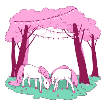 A peaceful grove where unicorns graze under a canopy of twinkling lights