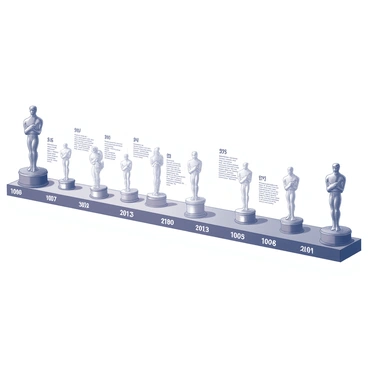 An illustration of a timeline depicting the history of the Oscars. The timeline extends horizontally across the image, divided into segments representing different years. Each segment contains notable milestones such as the founding year, the first award ceremony, and significant changes in categories over the decades. Prominently featured are iconic images of Oscar statues, which represent the awards. Each milestone includes brief text descriptions in quotes, highlighting major winners and achievements throughout the years. The overall design incorporates visual elements such as arrows or lines connecting the milestones, creating a clear flow of historical developments.