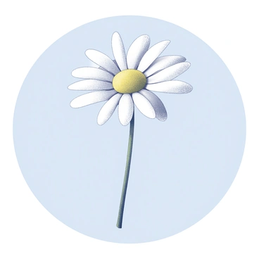A single daisy flower with white petals and a yellow center is depicted in the image. The flower is positioned upright, showcasing its distinct shape and details of the petals. The background is a light blue, providing a soft contrast to the flower. The daisy stands out prominently against this backdrop, emphasizing its simplicity and natural beauty.