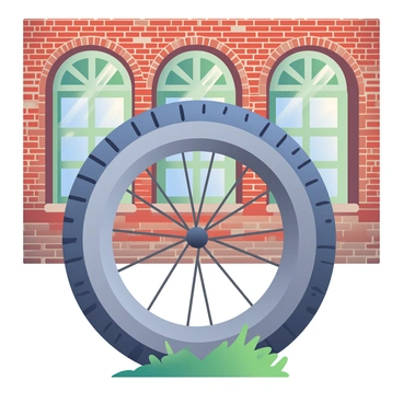 A vintage bike tire with a worn tread is positioned in the foreground. The tire features a classic design with subtle imperfections and gray rubber tones. Behind the tire is an old brick building with red and brown bricks showing signs of weathering and age. The building has large, arched windows with faded green shutters, partially open. A small patch of grass is visible at the base of the tire, contrasting with the rough texture of the bricks. The scene is lit by soft, natural light, enhancing the rustic details of both the tire and the building.