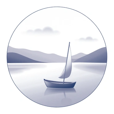 A round frame encircles a small boat gently floating on a calm lake. The boat, made of wood, has a single sail that is partially unfurled, catching a light breeze. The lake's surface is smooth and reflects the surrounding scenery. In the background, there are gentle hills that rise softly, creating a sense of tranquility. The sky above is clear with a few wispy clouds scattered across it.