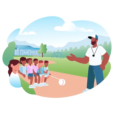 A coach is demonstrating how to play kickball to a group of children on a school field. The coach is wearing a baseball cap and a whistle around their neck. The children, a diverse group of boys and girls, are wearing colorful sports jerseys and shorts, eagerly listening and watching. A kickball is placed on home plate, and a few children are positioned in the outfield, ready to participate. The school building and playground equipment are in the background, with trees lining the edge of the field. Bright blue skies and soft clouds create a lively atmosphere.