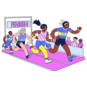 A group of athletes sprinting neck-and-neck on a running track. The athletes are wearing brightly colored uniforms, each with distinct patterns. Their faces show intense concentration as they push forward with powerful strides. The finish line is marked clearly ahead, with a vibrant banner displaying "Finish" in bold letters. The track is surrounded by cheering spectators, adding to the energetic atmosphere of the race.