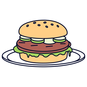 A juicy burger with a grilled patty nestled between two sesame seed buns. The burger is topped with several crunchy cucumber slices and a layer of fresh, vibrant green lettuce. The patties are slightly charred, and a drizzle of sauce can be seen oozing out from the sides. The arrangement is placed on a simple white plate.