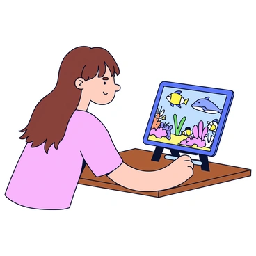 A girl with long brown hair is sitting at a wooden table, focused on illustrating. She is using a digital pad with a stylus in her right hand. On the screen of the pad, there is a vibrant underwater world filled with various marine life. Colorful fish, including a blue tang and a clownfish, swim among bright coral reefs. Seaweed sways gently, and a playful dolphin can be seen in the background. The girl wears a light pink t-shirt and has a concentrated expression on her face as she brings the underwater scene to life.