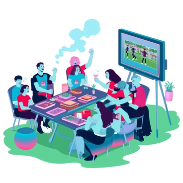 A group of excited fans gathered in a spacious backyard, surrounded by green grass and colorful decorations. They are grilling food on a modern barbecue grill, with smoke rising in the air. The table is filled with various dishes, including burgers, hot dogs, and fresh salads. Some fans are sitting at a picnic table, eagerly watching a large flat-screen TV mounted on a stand, displaying a live match. They are wearing jerseys and face paint, showing their support for their favorite team. Laughter and cheers fill the air as they enjoy the festivities together.