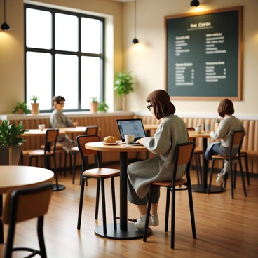 A cozy coffee shop interior with warm wooden tables and soft lighting. There are several potted plants on the windowsills and a large chalkboard menu hanging on the wall. In one corner, a person with wavy brown hair is sitting at a small round table, focused on typing on a laptop. They are wearing a light grey sweater and glasses. A steaming cup of coffee sits next to the laptop, and a plate with a half-eaten croissant is also on the table. The atmosphere is inviting, with other patrons chatting softly in the background.