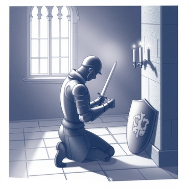 A knight in full armor is kneeling on a stone floor inside a dimly lit chapel. The knight's head is bowed in a solemn posture as he prays. His sword is resting against the wall to his right, its hilt prominently visible. Flickering candlelight casts shadows across the stone walls, illuminating intricate carvings and religious symbols. The knight's shield, adorned with a crest, leans against the wall nearby. A stained glass window in the background filters in muted light, adding to the solemn atmosphere.
