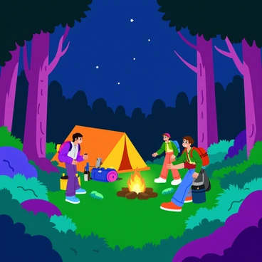 A group of adventurers is setting up camp in a mystical forest. The forest is filled with tall, vibrant trees with swirling patterns on their bark. The ground is covered in lush, green moss and ferns. Surrounding the campsite, various plants emit a soft glow in shades of blue, purple, and green, illuminating the scene. The adventurers carry colorful backpacks and are unpacking supplies, including a tent and cooking gear. Above them, the night sky is visible, twinkling with bright stars. A small campfire crackles in the center, casting a warm light on their faces.