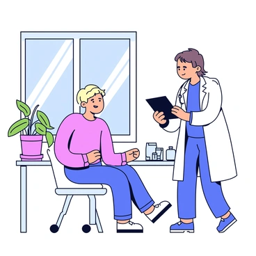 A doctor, dressed in a white coat, is standing next to a patient seated on an examination table. The doctor has a warm smile and is holding a clipboard, engaging in conversation. The patient appears relaxed, with a slight smile, looking at the doctor. The office is bright, featuring large windows with sunlight streaming in, illuminating the space. A desk with medical supplies is visible in the background, along with a plant in a pot adding a touch of greenery.