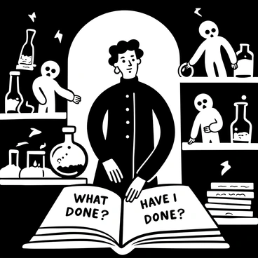 A figure of Victor Frankenstein stands in a dimly lit laboratory, surrounded by various scientific instruments and glass containers filled with mysterious substances. Shadows swirl around him, creating ghostly forms that represent his past experiments. Each form appears distorted and ethereal, suggesting a sense of regret and haunting memories. The atmosphere of the laboratory is filled with an array of books stacked haphazardly, each page fluttering as if caught in a gentle breeze. The words "What have I done?" are inscribed on an open book in front of him, capturing the essence of his turmoil.